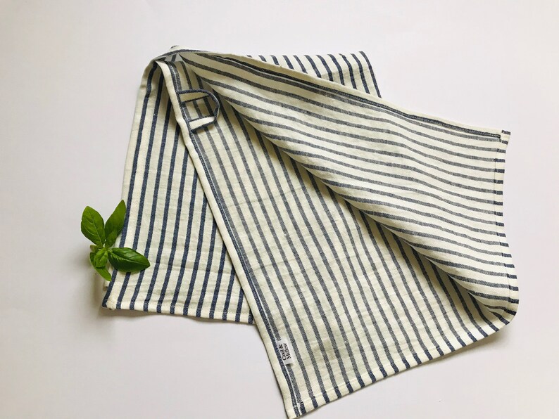 Heavy Weight Linen Kitchen Towels With Cream and Blue Stripes. Etsy