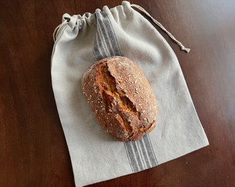 Striped Linen Bread Bag. Heavy Weight Linen Bread Bag with Black Stripes. Bread Storage Bag. Bread Keeper. Bread Loaf Bag. Hostess Gift Idea