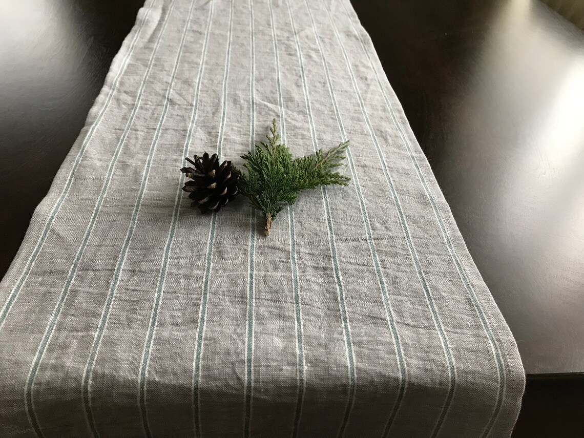 Gray linen table runner with green stripes. Custom size table Etsy