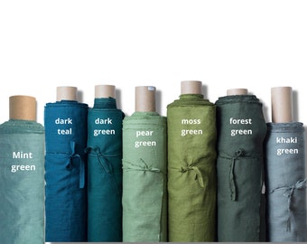 Rich green washed linen fabric by the metre. Green softened linen fabric by the yard. Medium weight linen for clothing or kitchen linens.