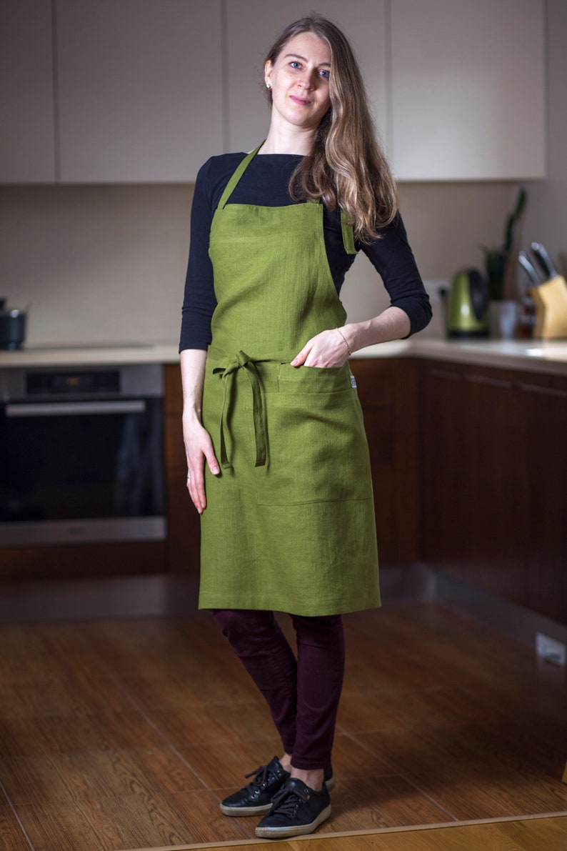 Moss Green Linen Apron With Pockets and Adjustable Ties. Long Etsy