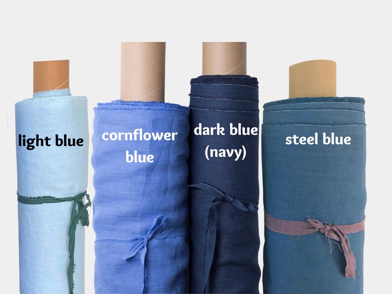 May include: Four rolls of fabric in different shades of blue. From left to right: light blue, cornflower blue, dark blue (navy), and steel blue.