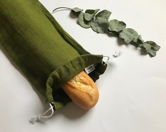 Moss green baguette bag. French stick bread bag. Drawstring linen bag for bread storage. Zero waste linen bread bag. Green bread loaf bag.