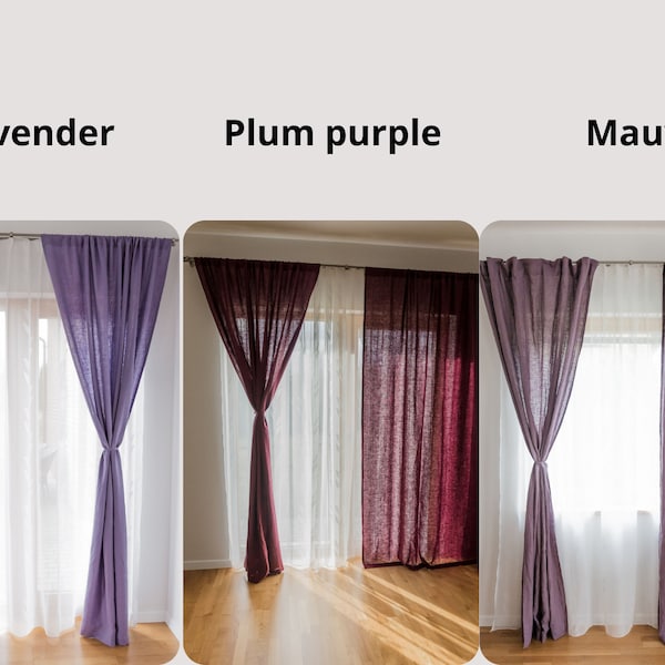 Purple Linen Curtains. Semi Sheer Curtains. Custom Linen Drapes 55"/140 cm Wide. Minimalist Modern Window Treatments. Flax Bohemian Curtains