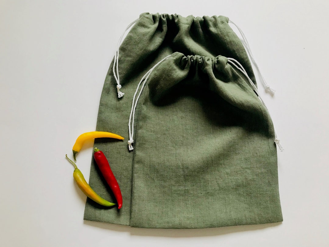 Khaki Green Produce Bags. Drawstring Linen Bags for Fruit and Groceries