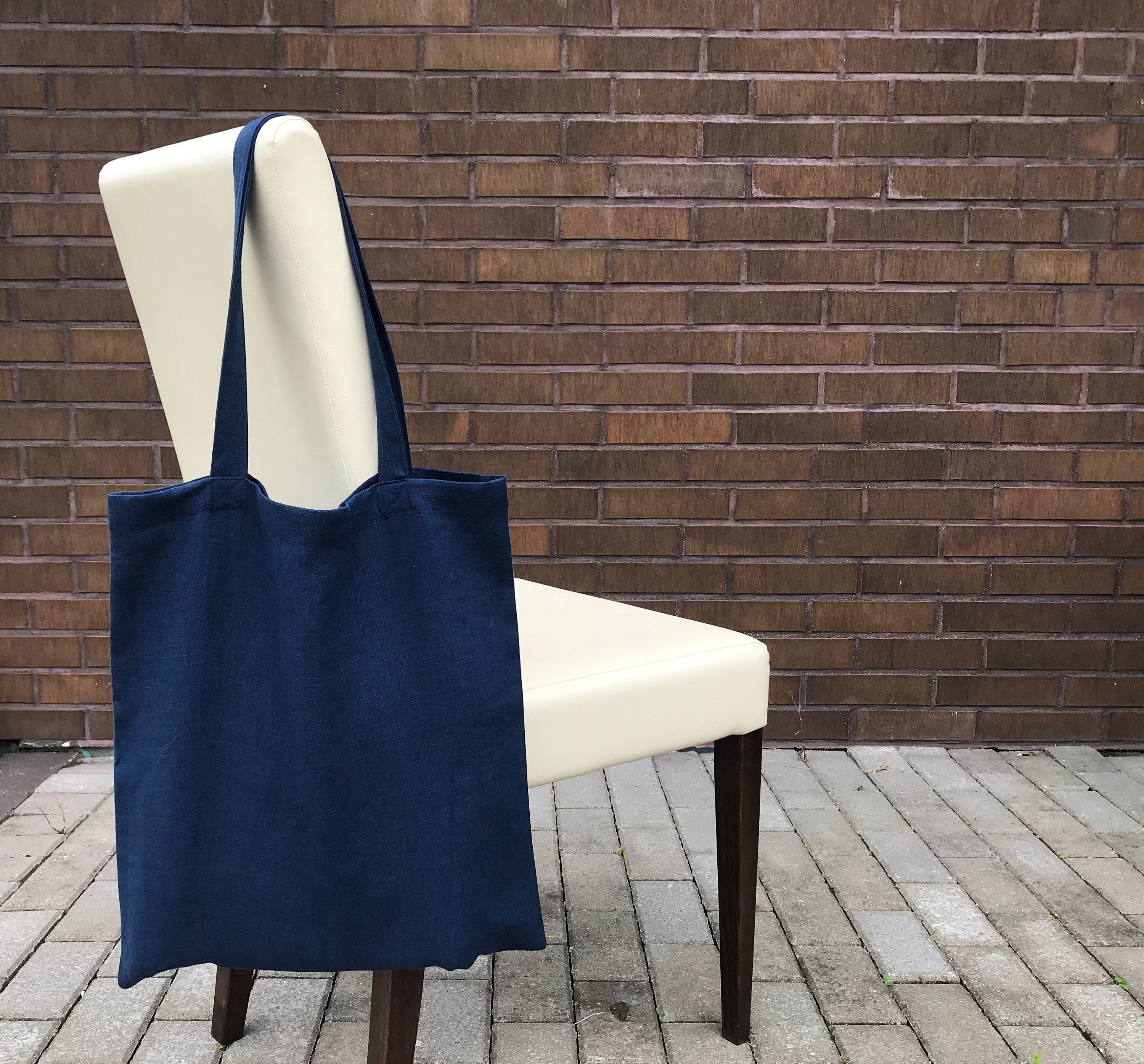 Dark Blue Linen Tote Bag. Plain Blue Canvas Tote Bag for Women 