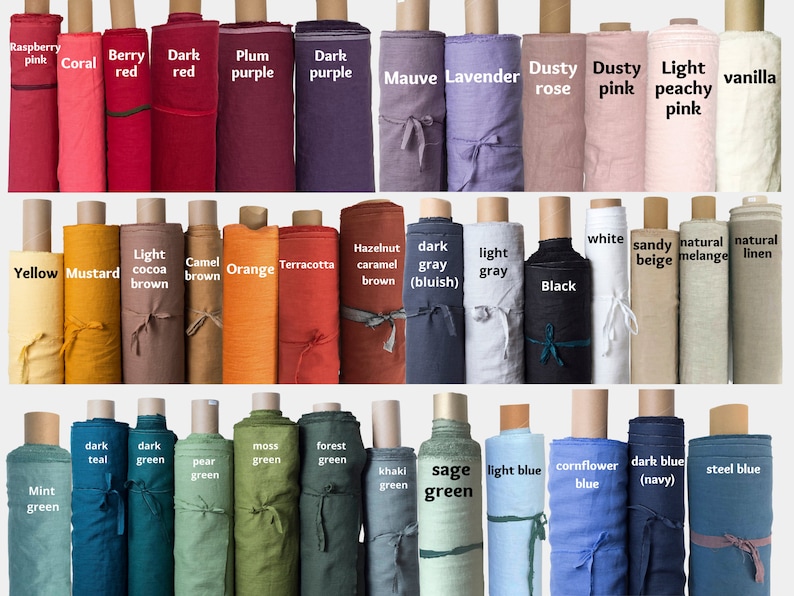 May include: A collection of fabric rolls in various colors, including raspberry pink, coral, berry red, dark red, plum purple, dark purple, mauve lavender, dusty rose, dusty pink, light peachy pink, vanilla, yellow, mustard, light cocoa brown, camel brown, orange, terracotta, hazelnut caramel brown, dark gray (bluish), light gray, black, white, sandy beige, natural melange, natural linen, mint green, dark teal, dark green, pear green, moss green, forest green, khaki green, sage green, light blue, cornflower blue, dark blue (navy), and steel blue.