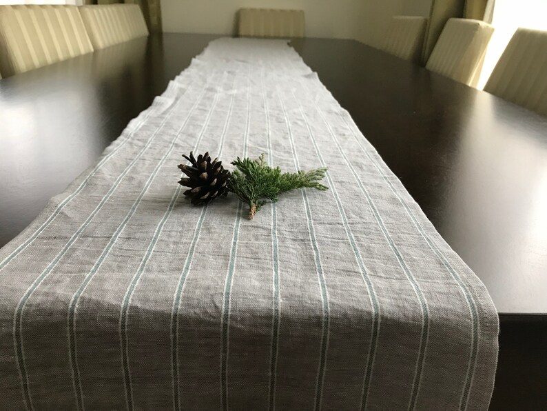 Gray linen table runner with green stripes. Custom size table Etsy