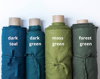 Tessuto di lino verde tagliato su misura. Tessuto verde al metro. Verde scuro, verde muschio, verde foresta, verde acqua scuro, verde kaki. Biancheria prelavata.