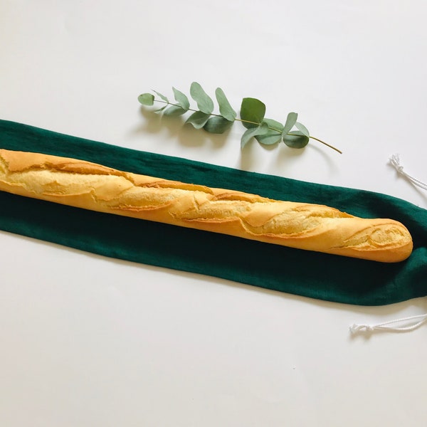 Green linen baguette bag. Zero waste bread bag. Stonewashed linen bread storage bag. Zero waste bread bag with drawstring. French bread bag.