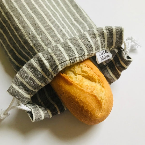 Striped linen baguette bag. Zero waste bread bag for bread storage and bakery shopping. Reusable French stick bags. Zero waste gift ideas.