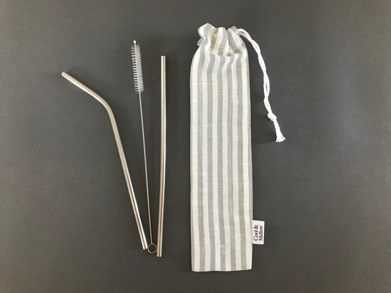 Striped linen drawstring straw pouch and reusable straws. Etsy