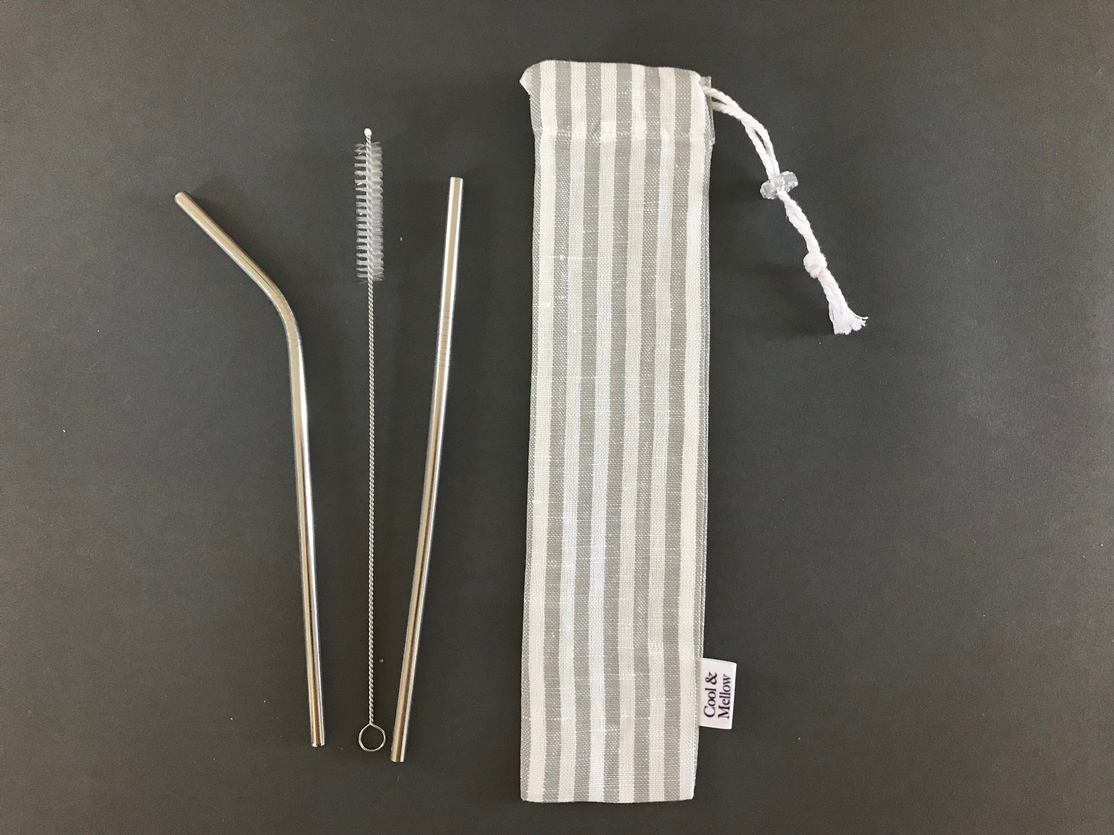 Striped linen drawstring straw pouch and reusable straws. Etsy