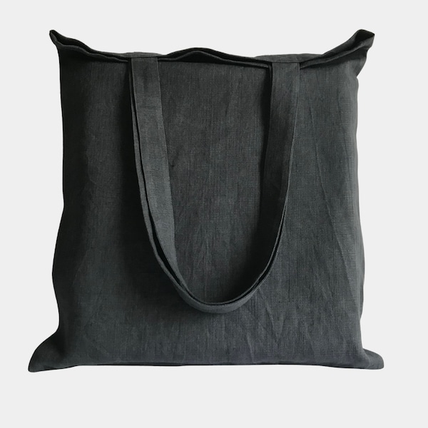 Sac fourre-tout en toile gris foncé. Sac fourre-tout en lin solide pour femme et homme. Sac d’épicerie réutilisable. Sac à provisions végétalien naturel sans déchet.