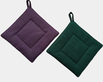Square Pot Holders. Oven Mitts with Heat-resistant Padding. Purple, Green Quilted Linen Pot Holders for Kitchen. Eco-friendly Gift Home.