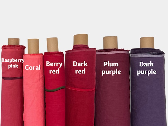 Coral Fabric by the Yard. Linen Fabric in Raspberry Pink, Dark Red, Plum Purple. Fabric for dresses, clothes, curtains. Medium weight, soft.