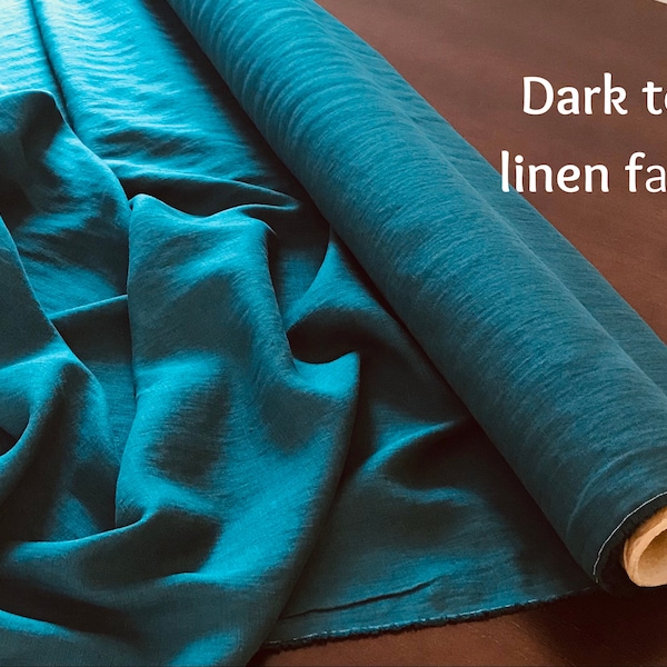 Teal linen fabric. Dark teal linen fabric by the yard. Teal linen fabric by the metre. Softened linen fabric. Peacock washed linen fabric.
