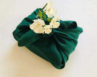 Green linen furoshiki cloth. Eco-friendly furoshiki wrapping cloth in small, medium and large. Sustainable gift wrap ideas for holidays.