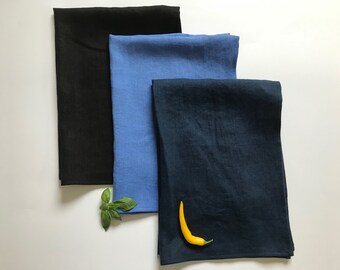 Linen kitchen towels with loop for hanging. Soft linen dish towels in blue shades. Medium weight natural linen tea towels. Sustainable gift