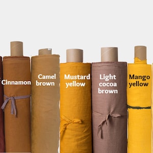 Brown linen fabric by the yard or meter. Mustard yellow, camel, Cinnamon, Hazelnut brown. Fabric for clothes, curtains. Medium weight, soft