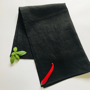 Black linen tea towels. Linen kitchen towels with loop for hanging. Handmade linen dish towels. Eco-friendly minimalist kitchen decor ideas.