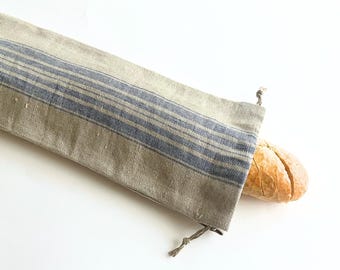 Striped linen baguette bag. Zero waste bread bag for bread storage and bakery shopping. Reusable French stick bags. Zero waste gift ideas.