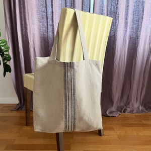 Natural Linen Tote Bag with Black Stripes. Thick French Sack Style Shopping Bag. Linen Shoulder bag. Linen Beach Bag. Heavy Duty Grocery bag