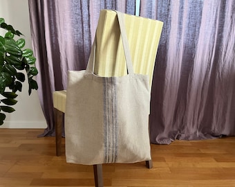 Natural Linen Tote Bag with Black Stripes. Thick French Sack Style Shopping Bag. Linen Shoulder bag. Linen Beach Bag. Heavy Duty Grocery bag