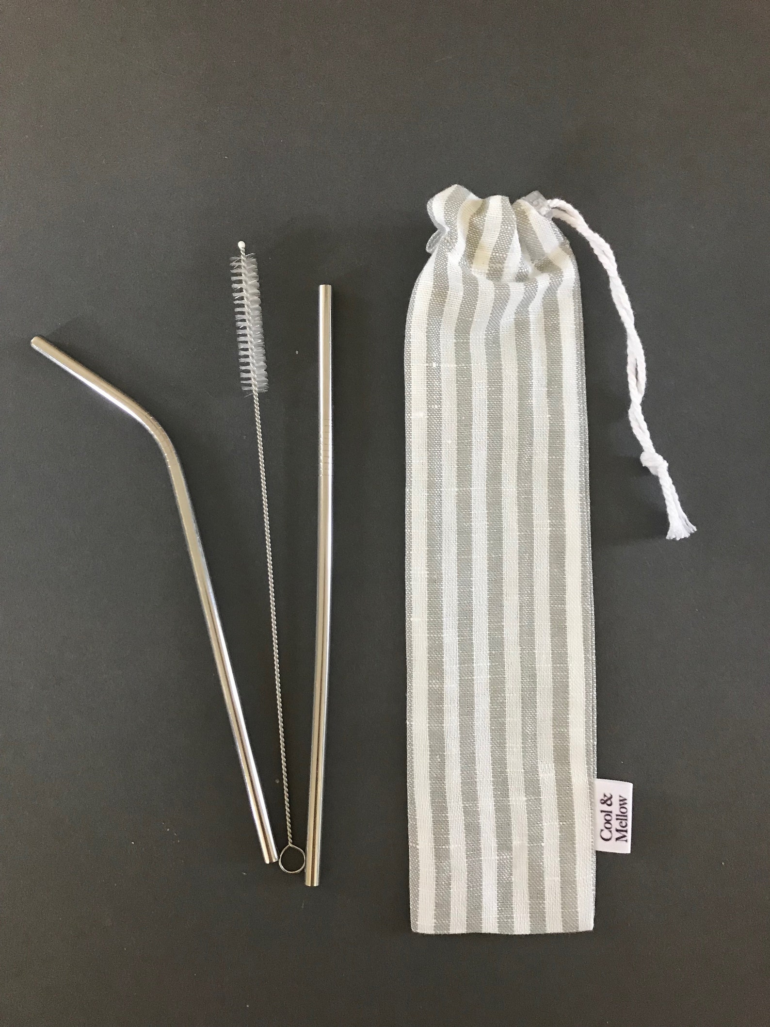 Striped linen drawstring straw pouch and reusable straws. Etsy