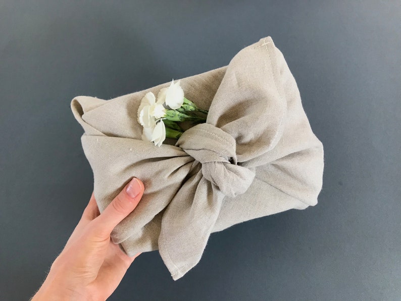 Reusable gift wrap. Linen furoshiki wrapping cloth. Eco-friendly furoshiki cloth in small, medium or large. Handmade gifts wrapping ideas. image 5