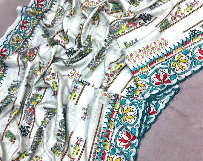 Cream Colorful Madhubani designer catalog saree, bavanji border, and pallu features Madhubani print main image 1