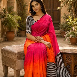 Linen Blend Saree, Striped Pallu Saree, Lightweight Indian Sari | Everyday Ethnic Wear