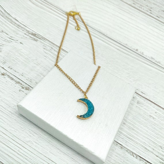 Turquoise Druzy Moon Pendant Necklace 