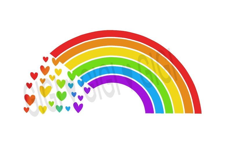 Puede incluir: Un arco&iacute;ris con una cascada de corazones coloridos que caen desde la esquina inferior izquierda. El arco&iacute;ris est&aacute; formado por rojo, naranja, amarillo, verde, azul, a&ntilde;il y violeta.