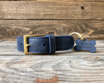 Blue Dog Collar, Engraved Dog Collar, Personalized Pet Collar, Custom Dog Collar, Leather Puppy Collar, Dog Collar Boy, Medium Dog Collar