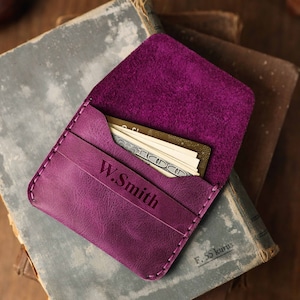 Cartera de solapa de cuero personalizada, bolsa de monedas delgada, billetera de cuero minimalista, titular de tarjeta con solapa de cuero, billetera de tarjeta de envoltura de cuero grabado