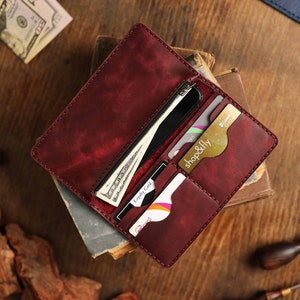 Portefeuille long en cuir personnalisé, portefeuille d’enveloppe en cuir gravé, portefeuille long à fermeture éclair pour femmes, sac à main de téléphone pliant en cuir, sac à main de motard unisexe