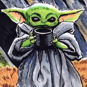 May include: A green and brown cartoon character wearing a gray robe holds a black mug. The character has large ears and big eyes. The background is a dark blue and brown watercolor wash.