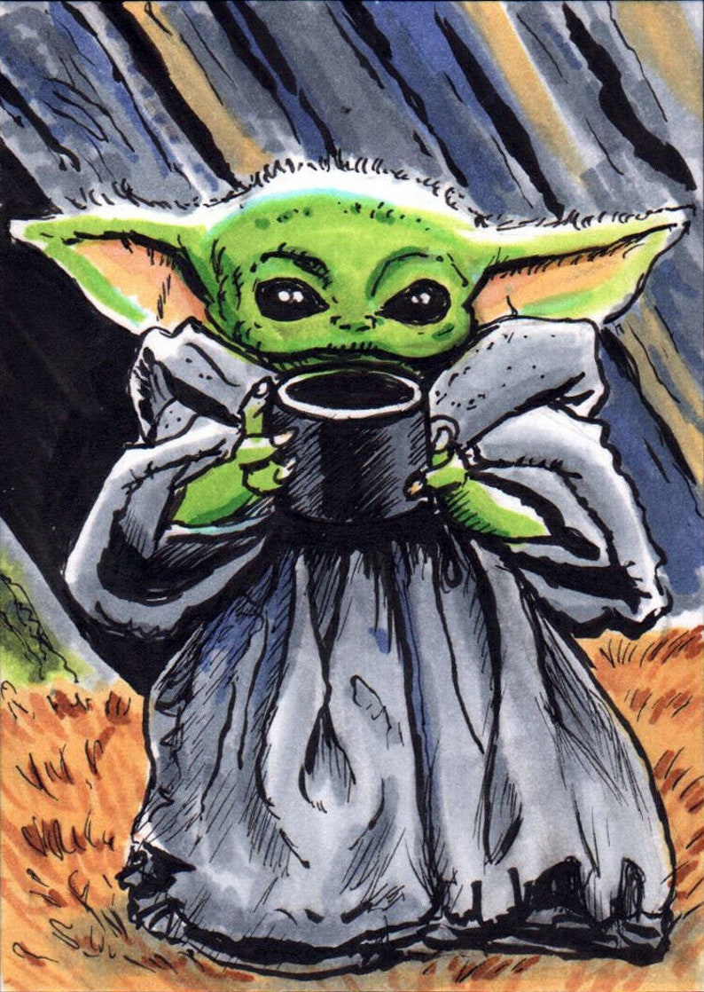 May include: A green and brown cartoon character wearing a gray robe holds a black mug. The character has large ears and big eyes. The background is a dark blue and brown watercolor wash.
