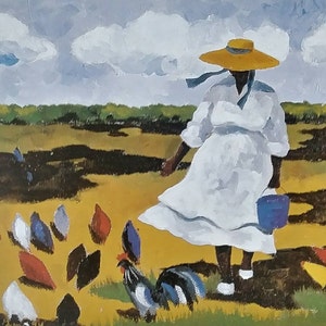 Colorful African American Art Print - African American Woman Feeding Chickens - THE CHICKEN LADY -Gullah Wall Art