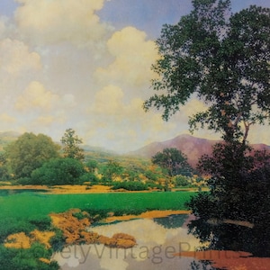 May include: A painting depicting a landscape with a river, trees, and hills. The sky is blue with white clouds. The river reflects the sky and clouds. The trees are green and the hills are brown.