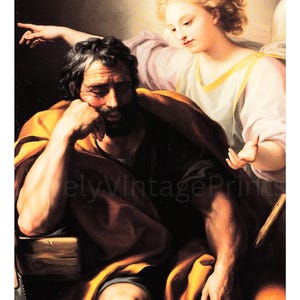 May include: A vintage painting depicts a man in a yellow robe, resting his head on his hand, with a concerned expression. An angel with blonde hair and a white and pink garment looks on, pointing. The artwork has a classical style.