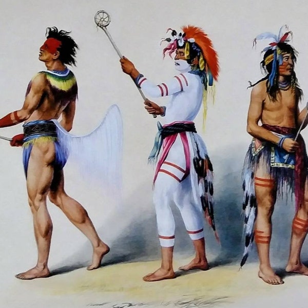 Vintage George Carlin Native American Print " BALL PLAYERS" Choctow and Sioux in Lacrosse Attire Perfect for Framing