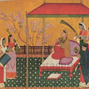 May include: An Indian miniature painting depicts a royal scene with women. A woman sits on a bed under a red canopy, surrounded by attendants and musicians. The artwork features vibrant colors and intricate details.