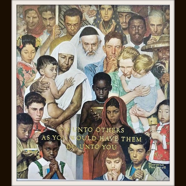 Large Norman Rockwell Art Print "The Golden Rule " - 15" x 11.75" (Do Unto Others, Diversity Print, Refugees Print, Immigrants  Americana)