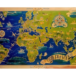 Druckbare Vintage Air France Route Map, DRUCKBARE KUNST, digitaler Download, Vintage Weltkarte