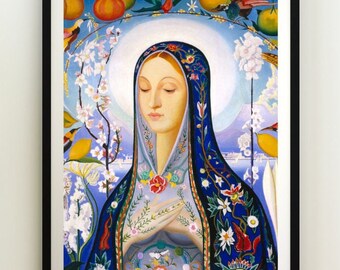 May include: A painting of a woman wearing a blue robe with floral embroidery. She has her eyes closed and is surrounded by flowers and birds.