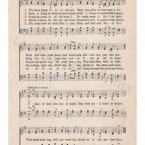 May include: A vintage sheet music page with the title "We Three Kings of Orient Are" and lyrics for the popular Christmas carol. The sheet music is printed in black ink on white paper and includes musical notation.