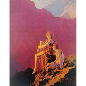 Contentment by Maxfield Parrish, Two girls on a rock, Dreamy Wall Art - Pink Wall Art- Surreal Art, PRINTABLE WALL ART - Digital Download