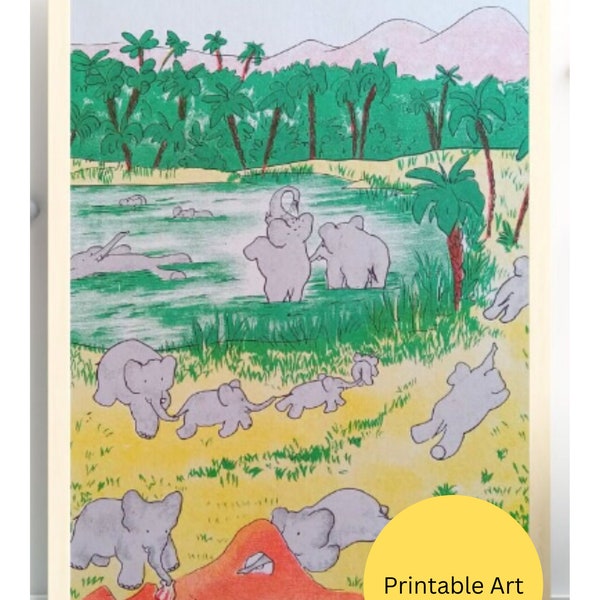 Babar the Elephant Print - Baby Babar Playing in the Sand | Nursery Art | PRINTABLE WALL ART Vintage Print